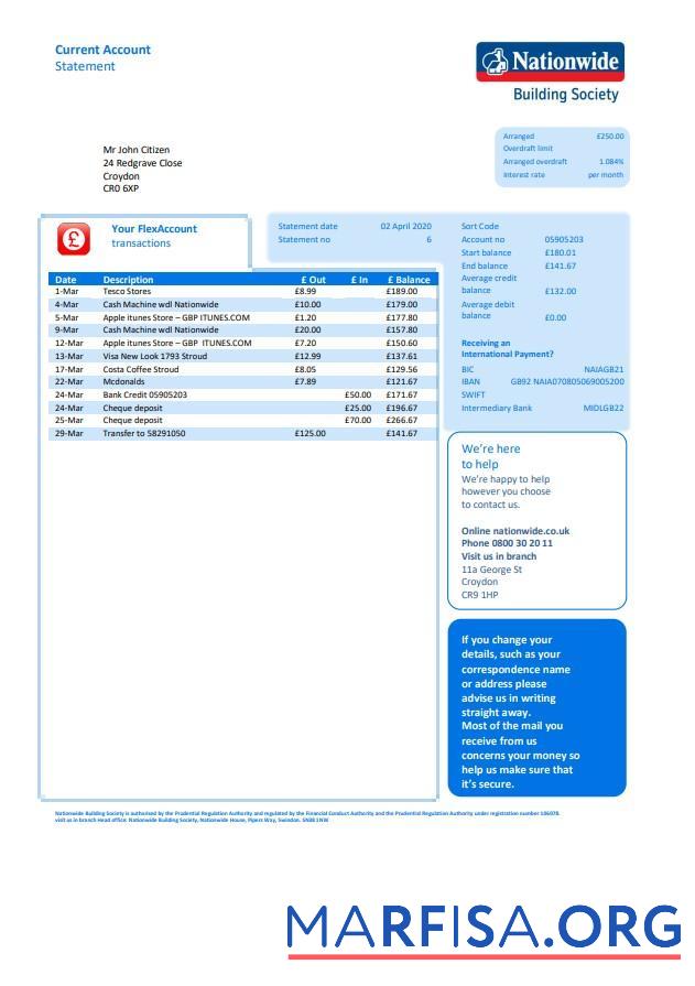 Downloadable United Kingdom Nationwide bank statement word example